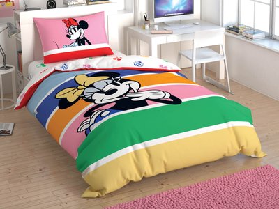 Підлітковий комплект Disney TAC Minnie Mouse Rainbow Ранфорс /простирадло на резинці 100х200х25см, Підлітковий, Бавовна 100%, 100х200х25 см на резинці, 1, 1, 160х220 см., 50х70 см, ранфорс, 142 TC, Фірмова картонна коробка