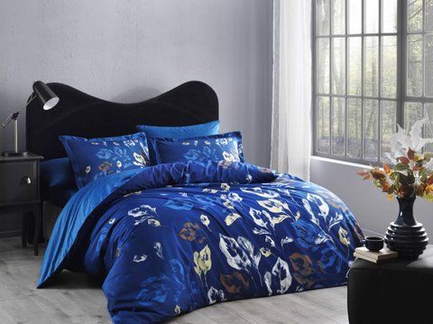 Постільна білизна TAC Tallin Blue Сатин-Delux, Євро, Бавовна 100%, 240х260 см., 1, 4, 200х220 см., 50х70 см, сатин, 220 TC, Фірмова картонна коробка