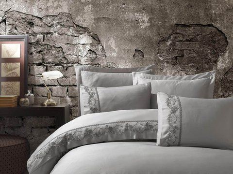 Постельное белье Dantela Vita Inci Grey Сатин з мереживом, Евро, Хлопок 100%, 240х260 см., 1, 4, 200х220 см., 50х70 см, сатин с вышивкой, Фирменная картонная коробка