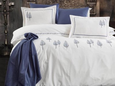 Двоспальний Євро комплект Dantela Vita Pamira White-Blue Сатин з вишивкою