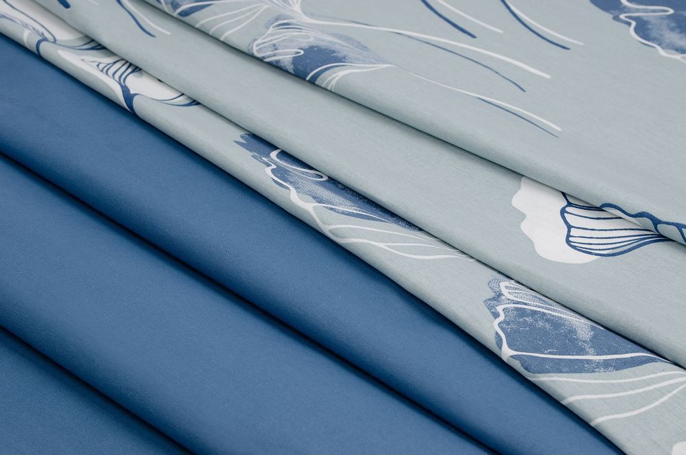 Постельное белье Бязь Home Line "Гинго билоба" (серо-голубой), 50х70 см, Полуторный, Хлопок 100%, 150х214 см., 1, 2, 145х210 см., 50х70 см, бязь, 140 г/м.кв, ПВХ