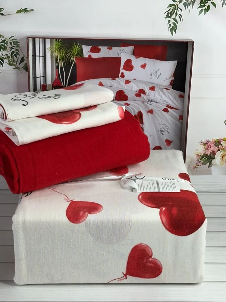 Постільна білизна Romeo Home Love Red Фланель, Євро, Бавовна 100%, 240х260 см., 1, 2, 200х220 см., 50х70 см, фланель, Фірмова картонна коробка