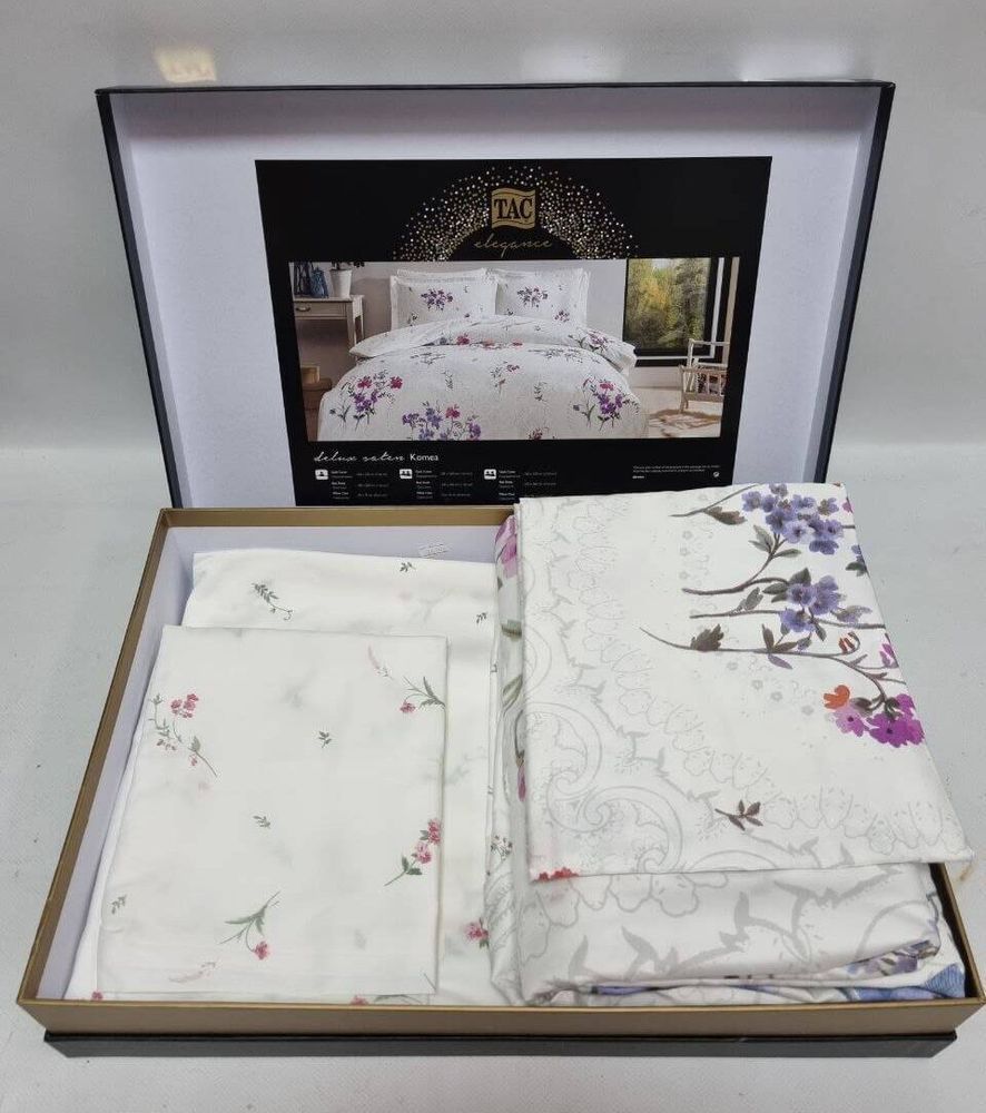 Постільна білизна TAC Komae Lilac Сатин-Delux, Родинний, Бавовна 100%, 240х260 см., 2, 4, 160х220 см., 50х70, 50х70 (+5см), сатин люкс, 300 TC, Фірмова картонна коробка