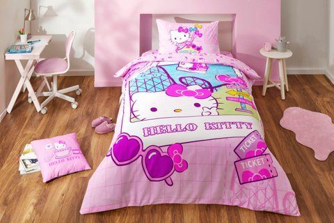 Підлітковий комплект Disney TAC Hello Kitty Ранфорс /простирадло на резинці 100х200х25см, Підлітковий, Бавовна 100%, 100х200х25 см на резинці, 1, 1, 160х220 см., 50х70 см, ранфорс, 142 TC, Фірмова картонна коробка