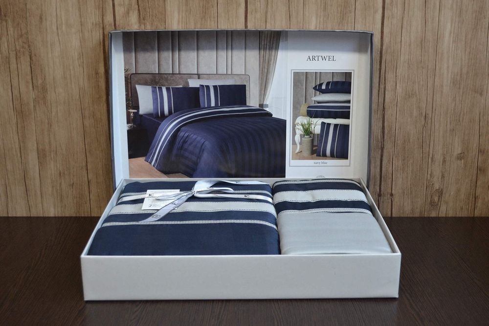 Постільна білизна Сатин First Choice Artwel Navy Blue, Євро, Бавовна 100%, 240х260 см., 1, по 2, 200х220 см., 50х70, 70х70 см, Сатин Delux, Фірмова картонна коробка