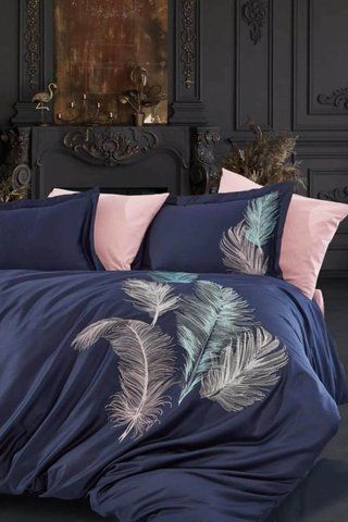 Постельное белье Dantela Vita Iz Blue Сатин з вишивкою, Евро, Хлопок 100%, 240х260 см., 1, 4, 200х220 см., 50х70 см, сатин с вышивкой, Фирменная картонная коробка