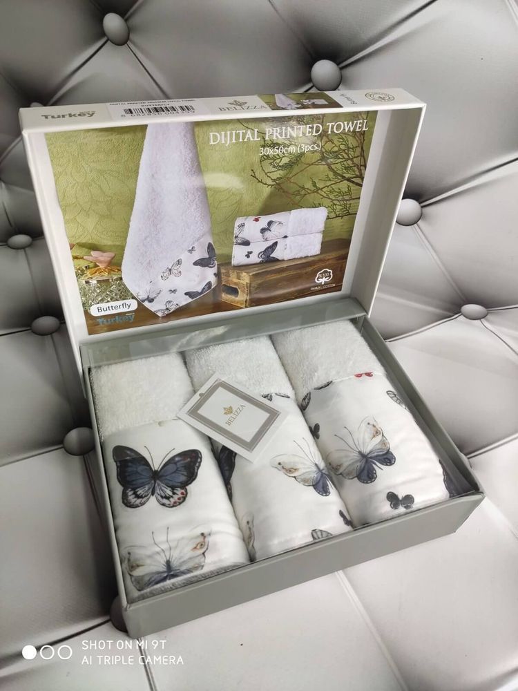 Подарунковий набір рушників Belizza Butterfly 3 шт 30х50 см, Бавовна 100%, 30х50 см, 500 г/м.кв., набір, 3 шт, Фірмова картонна коробка