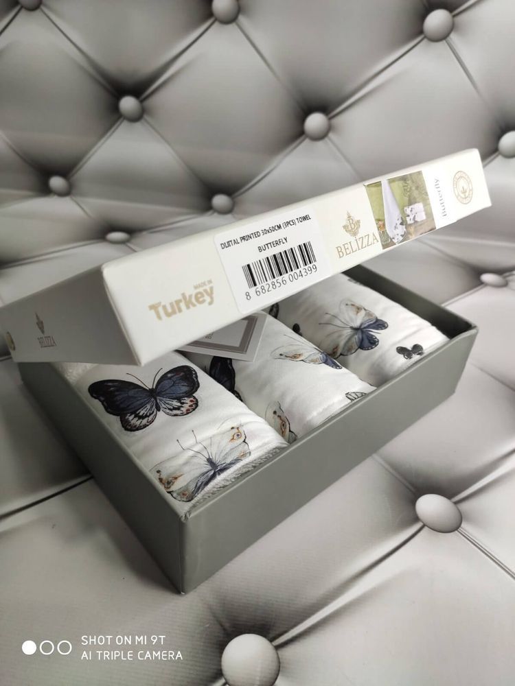 Подарунковий набір рушників Belizza Butterfly 3 шт 30х50 см, Бавовна 100%, 30х50 см, 500 г/м.кв., набір, 3 шт, Фірмова картонна коробка