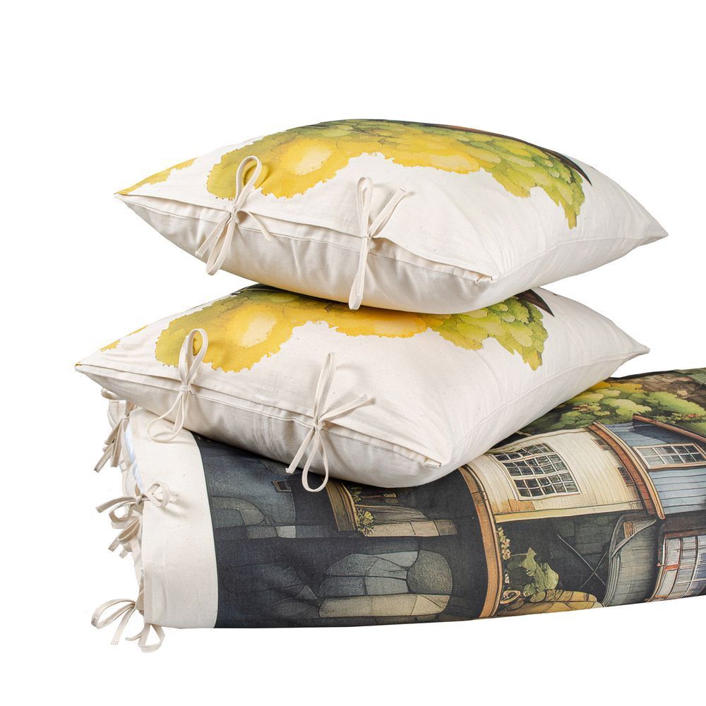 Постельное белье Бязь Эко Home Line "Домики", Полуторный, Хлопок 100%, 150х214 см., 1, 2, 145х210 см., 50х70 см, бязь, 140 г/м.кв, Фирменная тканевая сумка