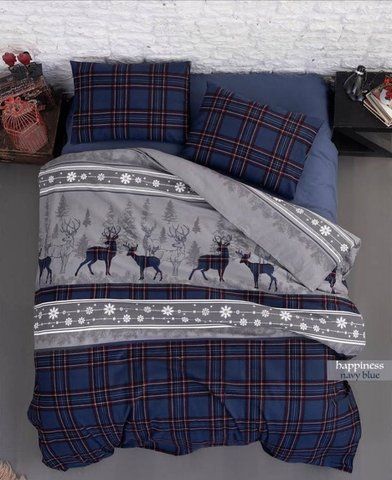 Новорічна постільна білизна First Choice Happiness Navy Blue Фланель, Євро, Бавовна 100%, 240х260 см., 1, 2, 200х220 см., 50х70 см, фланель, Фірмова силіконова упаковка