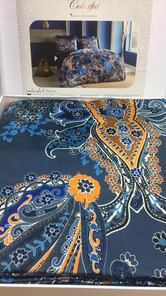 Постельное белье TAC Marisol Blue Сатин-Digital, Семейный, Хлопок 100%, 240х260 см., 2, 4, 160х220 см., 50х70 см, сатин, Фирменная картонная коробка