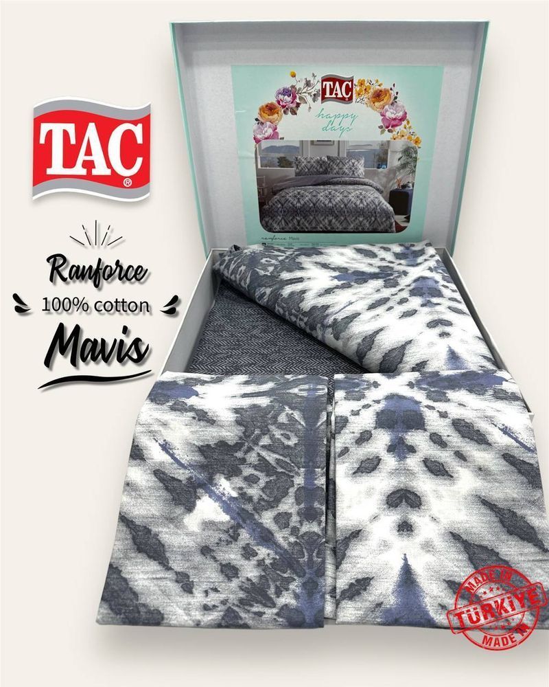 Постільна білизна ранфорс TAC Mavis Blue євро, Євро, Бавовна 100%, 240х260 см., 1, 2, 200х220 см., 50х70 см, ранфорс, 142 TC, Фірмова картонна коробка