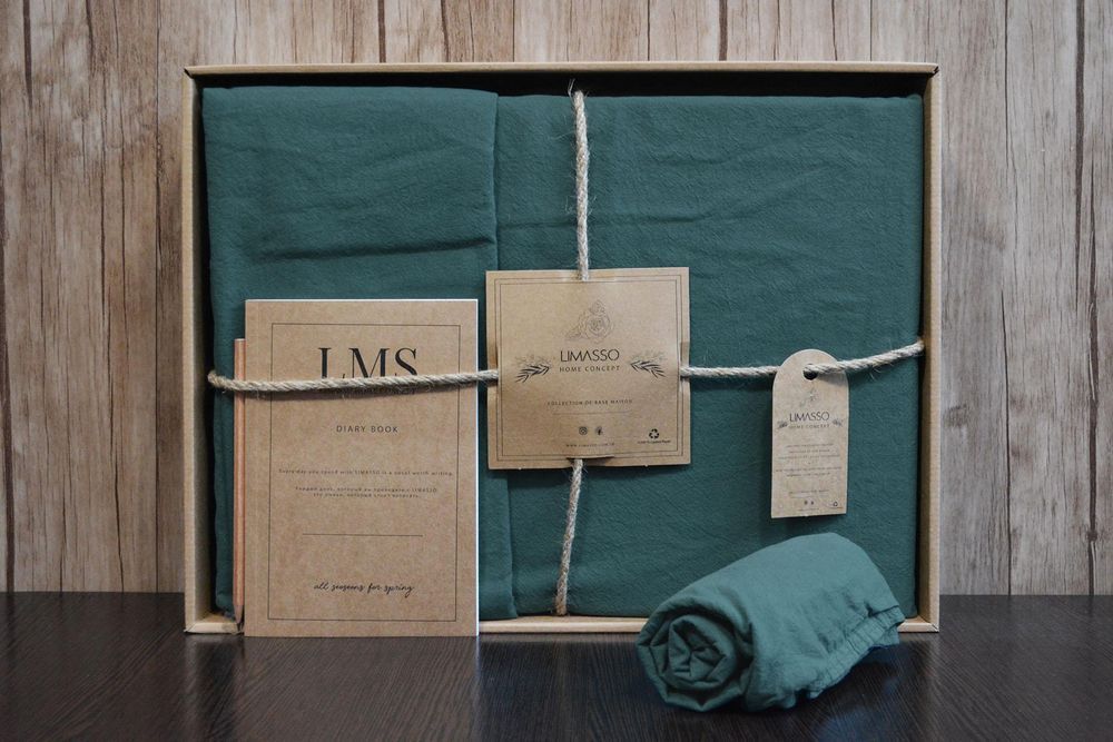 Постільна білизна Limasso Standart Dark Green варена бавовна, Полуторний, Бавовна 100%, 160х240 см., 1, 1, 160х220 см., 50х70 см, варена бавовна, Фірмова картонна коробка