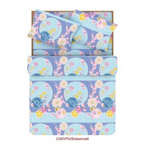 Постільна білизна Бязь Home Line "Сакура" (блакитний), Євро, Бавовна 100%, 215х220 см., 1, 2, 200х220 см., 50х70 см, бязь, 120 г/м.кв, ПВХ