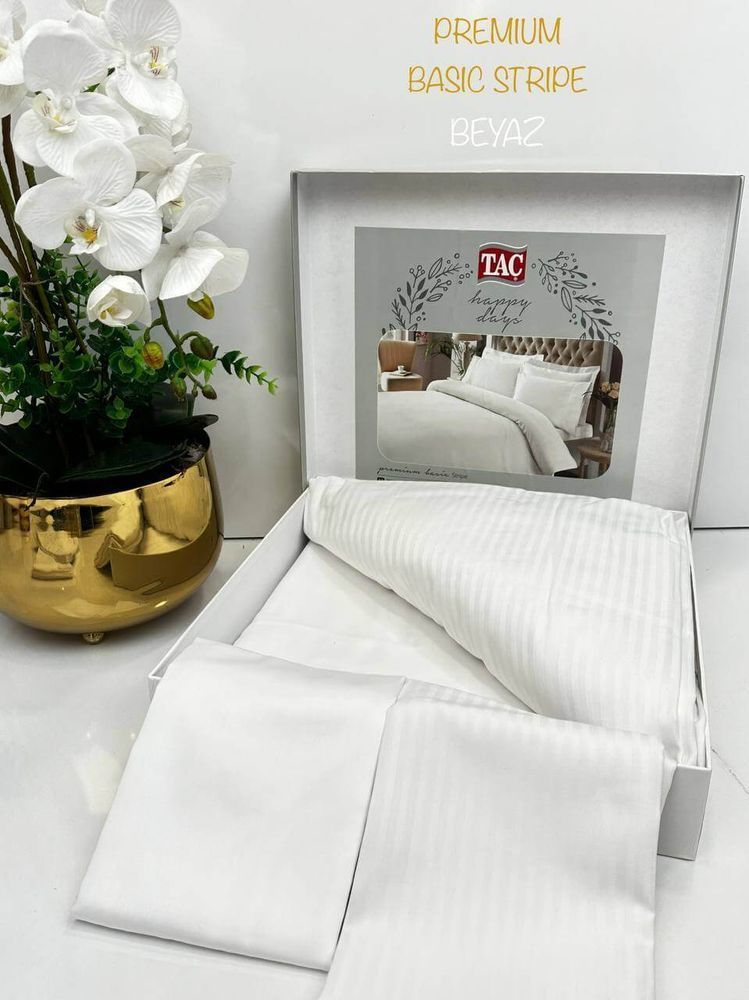 Постільна білизна ТАС Premium Basic White Сатин-Stripe King Size, king size, Бавовна 100%, 270х280 см., 1, 4, 220х240 см., 50х70, 50х70 (+5см), сатин Stripe, 220 TC, Фірмова картонна коробка