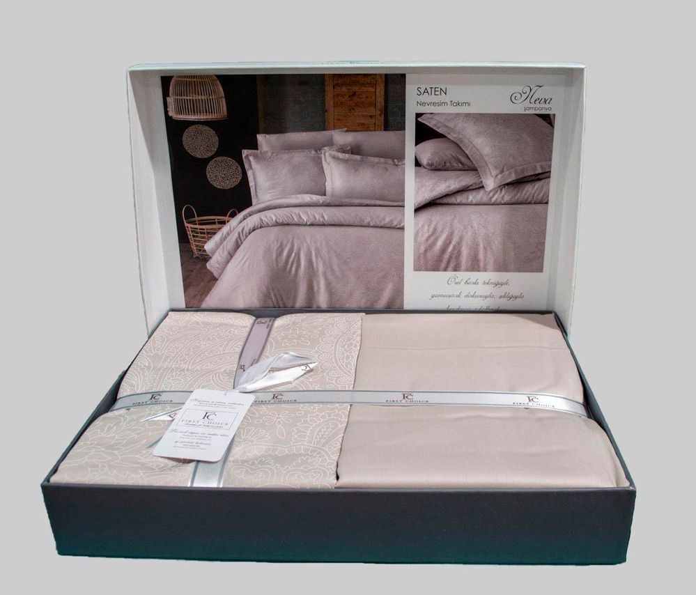 Постельное белье Сатин First Choice Neva Champagne, Полуторный, Хлопок 100%, 180х220 см., 1, по 1, 160х220 см., 50х70, 70х70 см, сатин, Фирменная картонная коробка