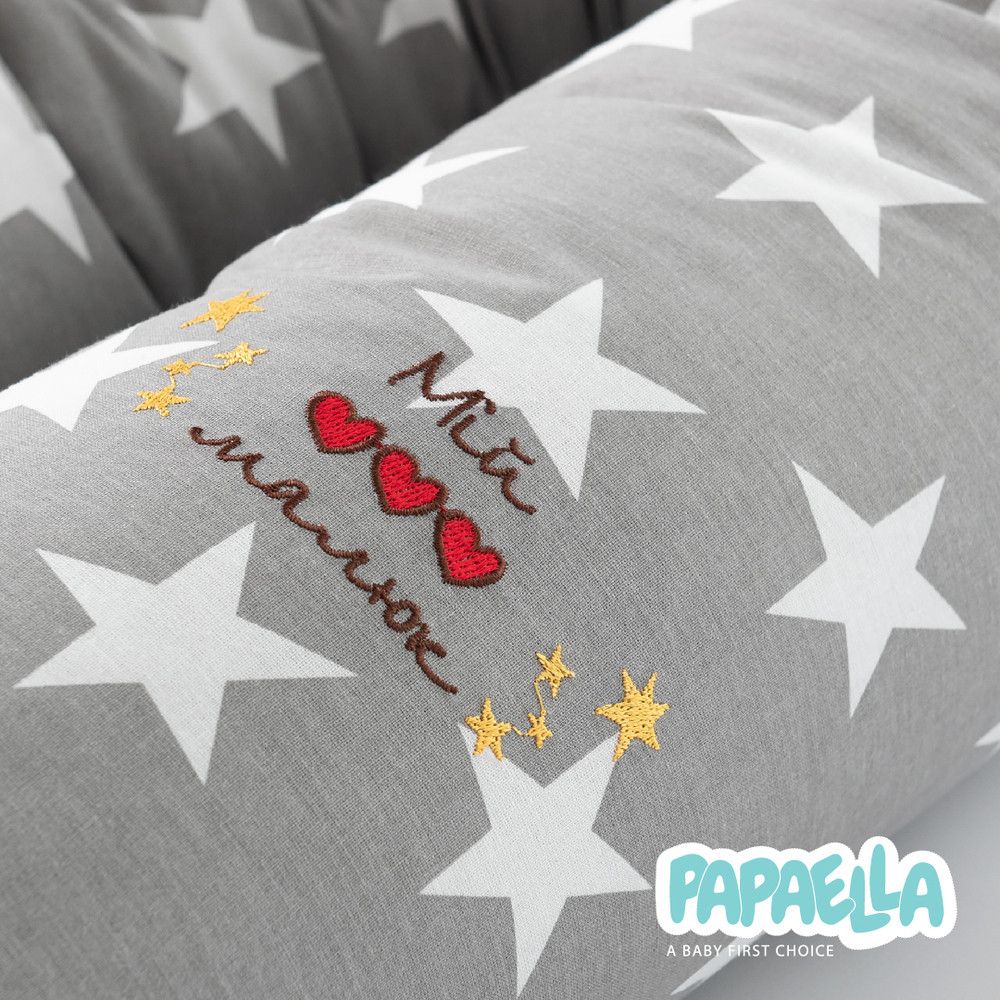 Защитный бортик-валик в кроватку Papaella звезда / горошек серый, Хлопок 100%, антиаллергенное волокно, 60х15, 120х15 см, ранфорс, 2 валика L и XL
