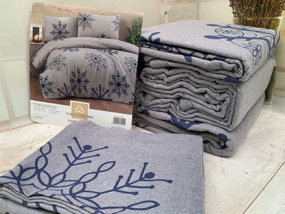 Новорічна постільна білизна Cotton Collection Yil Blue Фланель, Євро, 76% бавовна, 24% полієстер, 240х260 см., 1, 2, 200х220 см., 50х70 см, фланель, Фірмова силіконова упаковка
