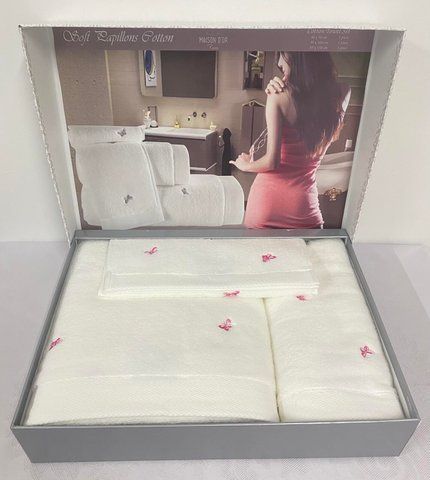 Подарунковий набір рушників Maison D'or Reve De Papillon White-Pink 3 шт, Бавовна 100%, 30х50, 50х100, 85х150 см, набір, 3 шт, Фірмова картонна коробка