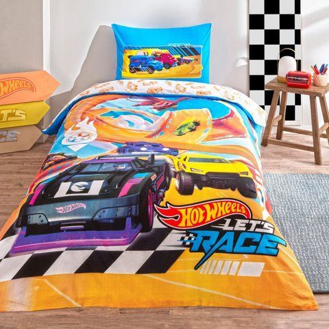 Підлітковий комплект Disney TAC Hot Wheels Let's Race Ранфорс /простирадло на резинці 100х200х25см, Підлітковий, Бавовна 100%, 100х200х25 см на резинці, 1, 1, 160х220 см., 50х70 см, ранфорс, 142 TC, Фірмова картонна коробка