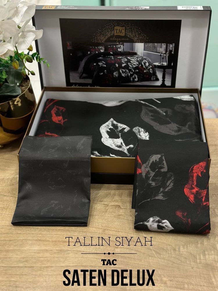 Постельное белье TAC Tallin Black Сатин-Delux, Семейный, Хлопок 100%, 240х260 см., 2, 4, 160х220 см., 50х70 см, сатин, 220 TC, Фирменная картонная коробка