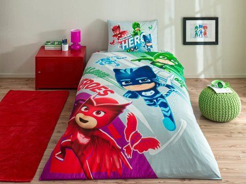Підлітковий комплект Disney TAC PJ Masks Super Team Ранфорс /простирадло на резинці 100х200х25см, Підлітковий, Бавовна 100%, 100х200х25 см на резинці, 1, 1, 160х220 см., 50х70 см, ранфорс, 142 TC, Фірмова картонна коробка